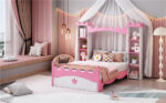 Castle-Shaped Wooden Bed with Storage Shelf, Dreamy Twin Size Platform Bed for Kids Bedroom, White + Pink - imagine 10