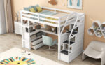 Twin Size Loft Bed with Desk and Shelves Two Built-in Drawers Storage Staircase White - imagine 5