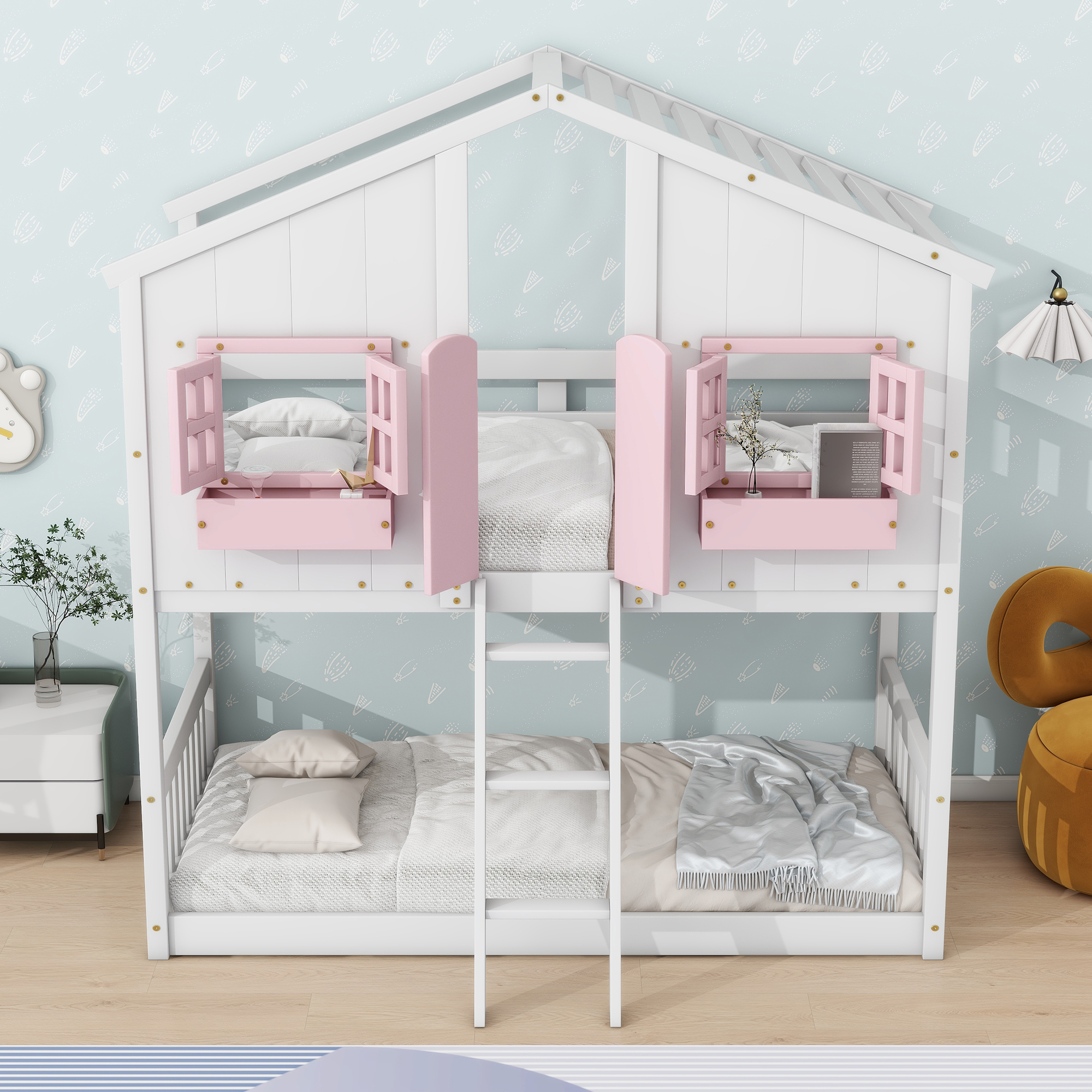 558113089 Twin over Twin House Bunk Bed with Roof , Window, Window Box, Door , with Safety Guardrails and Ladder, Pink/White - imagine 1