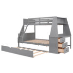 Twin over Full Bunk Bed with Trundle and Built-in Desk, Three Storage Drawers and Shelf,Gray - imagine 10