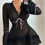 Sexy Mesh Sheer Long Sleeve Ruffle Hem Nightgown Set - imagine 4