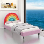 Rainbow Design Upholstered Twin Platform Bed Cute Style Princess Bed for Boys & Girls, Teens, Colorful & Pink