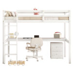 Twin Loft Wood Bed with Under-bed, Built-in Desk, a Storage Cabinet of 2 Drawers, Guardrails, Ladder,White - imagine 24