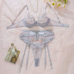 Embroidered mesh splicing sexy lingerie three piece set with steel ring - imagine 6