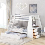 Twin over Full Bunk Bed with Trundle and Built-in Desk, Three Storage Drawers and Shelf,White - imagine 13