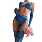 Sexy Transparent Push-Up Printed Underwear Set with Gloves and Leg Garters for Women (5-Piece Set)