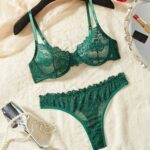 Green Women's Underwear Ultra-thin Transparent Lace Bra Sexy Steel Ring Gathered Thin Bra Set - imagine 5