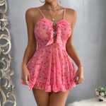 European Women's Fashionable Mesh Dress with Print, Strapless Hollow-out Design, Cute Girly Pink Camisole Nightgown Transparent Set - imagine 4