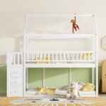 TWIN/TWIN HOUSE BUNK BED WITH SHELVES AND DRAWERS FOR WHITE COLOR - imagine 8