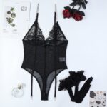 Simple Chain Strap Thin Lace Sheer V-Neck Jumpsuit Sexy Stocking Temptation Two-Piece Set - imagine 6
