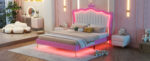 Full Size Upholstered Bed Frame with LED Lights, Modern Upholstered Princess Bed with Crown Headboard, Pink+White - imagine 2