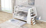 Twin over Full Bunk Bed with Trundle and Built-in Desk, Three Storage Drawers and Shelf,White - imagine 4