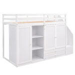 Functional Loft Bed with 3 Shelves, 2 Wardrobes and 2 Drawers, Ladder with Storage, No Box Spring Needed, White - imagine 5