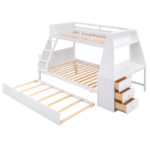 Twin over Full Bunk Bed with Trundle and Built-in Desk, Three Storage Drawers and Shelf,White - imagine 2