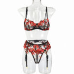 Style Lingerie Red Embroidered Flower Three-Piece Set - imagine 6
