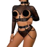Complex Strap Halter Waistband Mesh Long Sleeve Sexy Women's Four-Piece Set