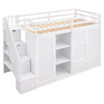 Functional Loft Bed with 3 Shelves, 2 Wardrobes and 2 Drawers, Ladder with Storage, No Box Spring Needed, White - imagine 3