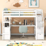 Twin Size Loft Bed with Desk and Shelves Two Built-in Drawers Storage Staircase White - imagine 8