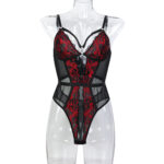 High-Quality Sexy Lingerie European and American Goddess Aura Black and Red Elastic Lace Color-Blocking Strap Bodysuit - imagine 6
