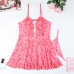 European Women's Fashionable Mesh Dress with Print, Strapless Hollow-out Design, Cute Girly Pink Camisole Nightgown Transparent Set - imagine 6