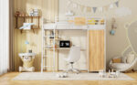 Twin Size Loft bed with L-shape Desk and Wardrobe, White - imagine 19