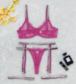 Cross-border Sexy Lingerie Lace Trim Rhinestone Transparent Thong Garter Belt Four-piece Set - imagine 8