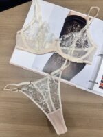 Sexy Lace Underwear Ultra-thin Transparent Heavy Embroidery Tulle Anti-Drop Bra Set - imagine 6
