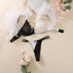 Feather two-piece chain contrasting splicing mesh sexy lingerie with steel ring for women - imagine 6