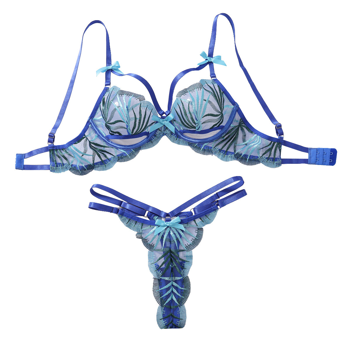 558094893 Blue bra set with steel ring gathering thin and sexy lingerie two-piece set - imagine 1