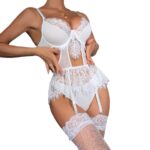 Long Net Stockings White Lace Eyelash Fringe Hollow-out Splicing Cute Skirt Hem Strapless Top Three-piece Set - imagine 5