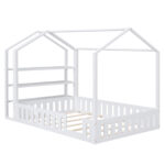 Full Size Wood House Bed with Fence and Detachable Storage Shelves, White - imagine 13