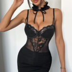 Seductive Lace Choker Tempting Sister Style Sheer Suspender Bodysuit - imagine 3