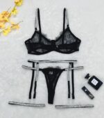 Cross-border Sexy Lingerie Lace Trim Rhinestone Transparent Thong Garter Belt Four-piece Set - imagine 6