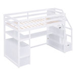Twin Size Loft Bed with Desk and Shelves Two Built-in Drawers Storage Staircase White - imagine 17