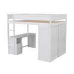 Wood Full Size Loft Bed with Wardrobes and 2-Drawer Desk with Cabinet, White - imagine 6