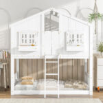 Twin over Twin House Bunk Bed with Roof , Window, Window Box, Door , with Safety Guardrails and Ladder,White