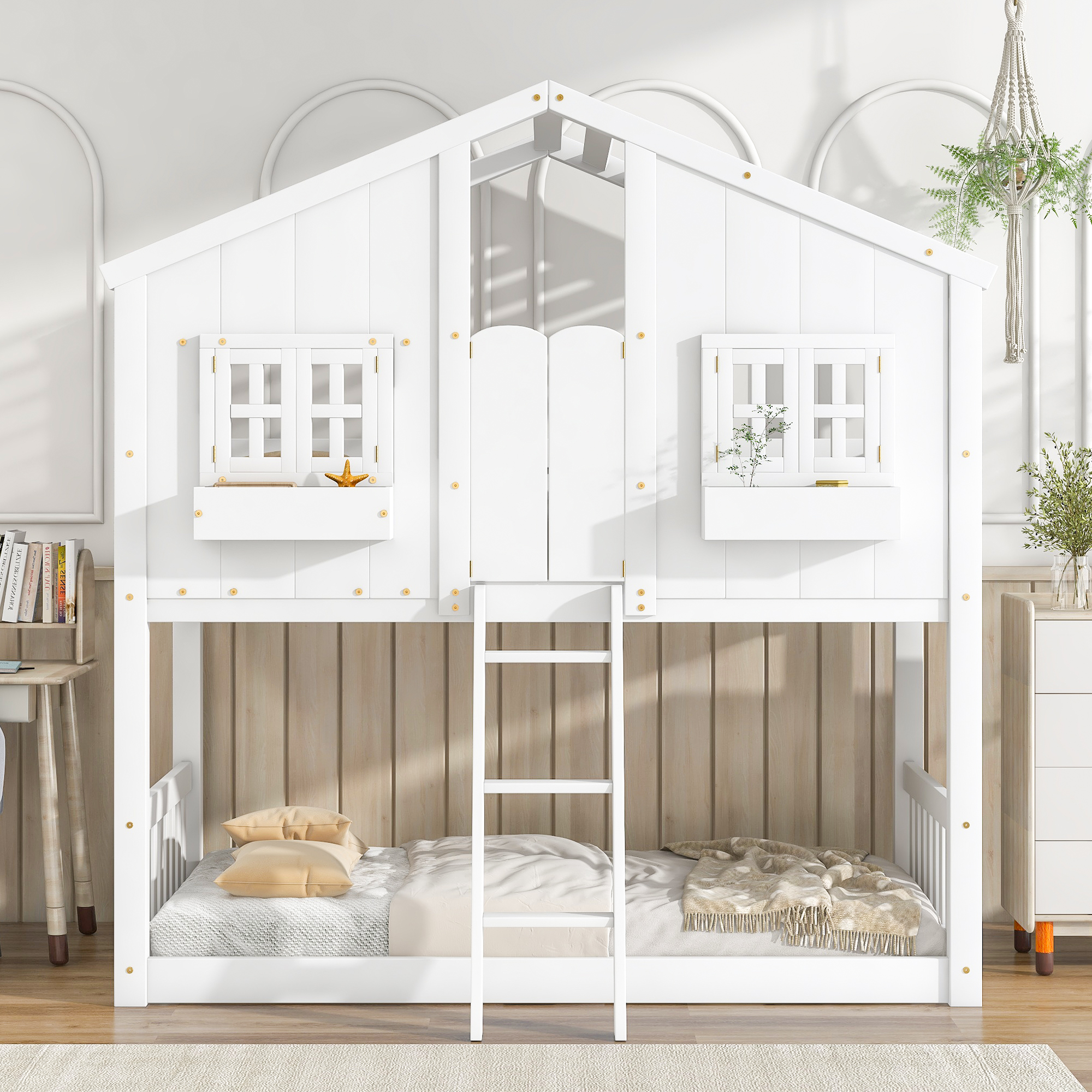 558113157 Twin over Twin House Bunk Bed with Roof , Window, Window Box, Door , with Safety Guardrails and Ladder,White - imagine 1