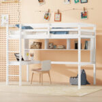 Twin Loft Bed with built-in desk and bookcase of three compartments, Guardrails and Ladder,White - imagine 23