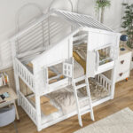 Twin over Twin House Bunk Bed with Roof , Window, Window Box, Door , with Safety Guardrails and Ladder,White - imagine 17