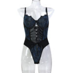 Vintage Print Mesh and PU Leather Cross-Tie Bow Fitted Jumpsuit Irregular Strap - imagine 6