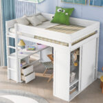 Wood Full Size Loft Bed with Wardrobes and 2-Drawer Desk with Cabinet, White - imagine 5