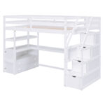 Twin Size Loft Bed with Desk and Shelves Two Built-in Drawers Storage Staircase White - imagine 2