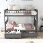 Full over Full Bunk Bed with Drawers, Convertible Beds  Gray - imagine 11