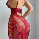 Lace Hollow-out Red Sexy Chest-exposing Bodycon Lingerie Dress - imagine 4