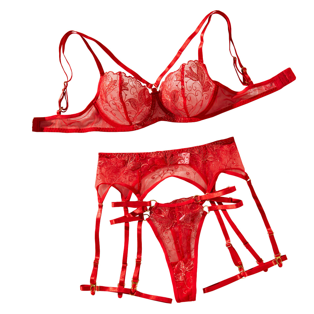 558092509 Flower Embroidery Ultra Thin Perspective Sexy Underwear Four Piece Set - imagine 1