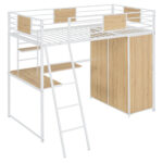 Twin Size Loft bed with L-shape Desk and Wardrobe, White - imagine 22