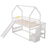 Twin over Twin House Bunk Bed with Convertible Slide,Storage Staircase,White - imagine 8
