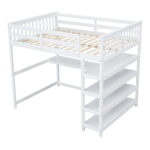 Full Size Loft Bed with Storage Shelves and Under-bed Desk White - imagine 5
