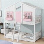 Twin over Twin House Bunk Bed with Roof , Window, Window Box, Door , with Safety Guardrails and Ladder, Pink/White - imagine 17
