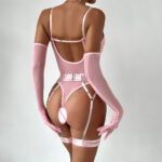 Sexy Sheer Mesh Bodysuit with Gloves and Bandage - Transparent Lingerie Set - imagine 4